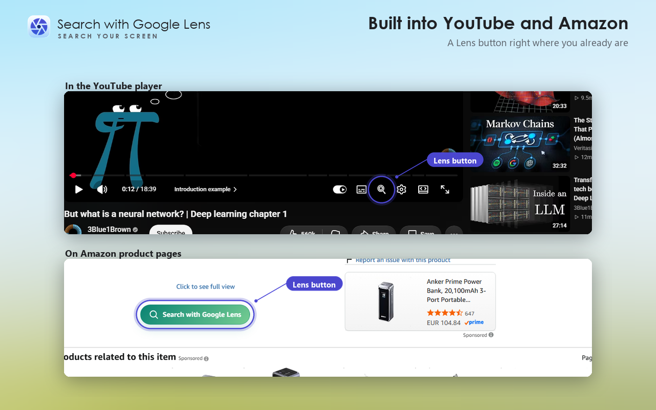 The Lens button built into the YouTube player controls and into Amazon product pages